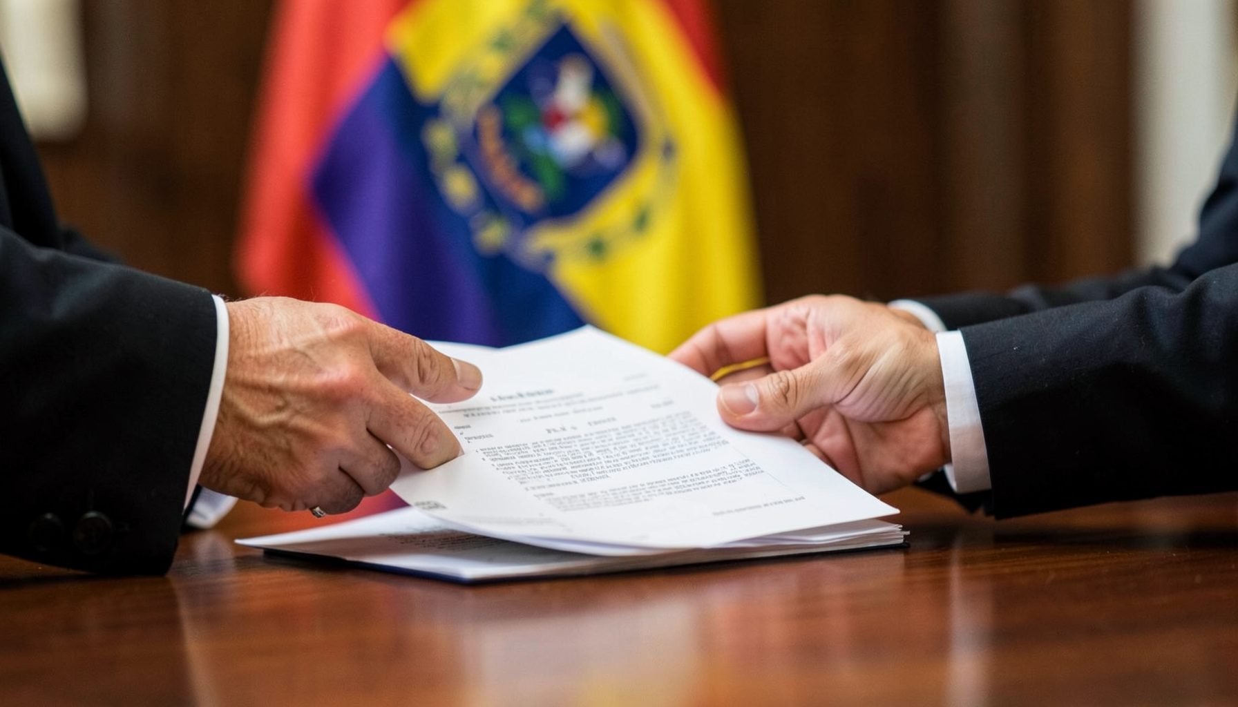 Close-up of hands exchanging official documents across a desk, with an Ecuadorian flag softly blurred in the background, warm and dignified atmosphere.