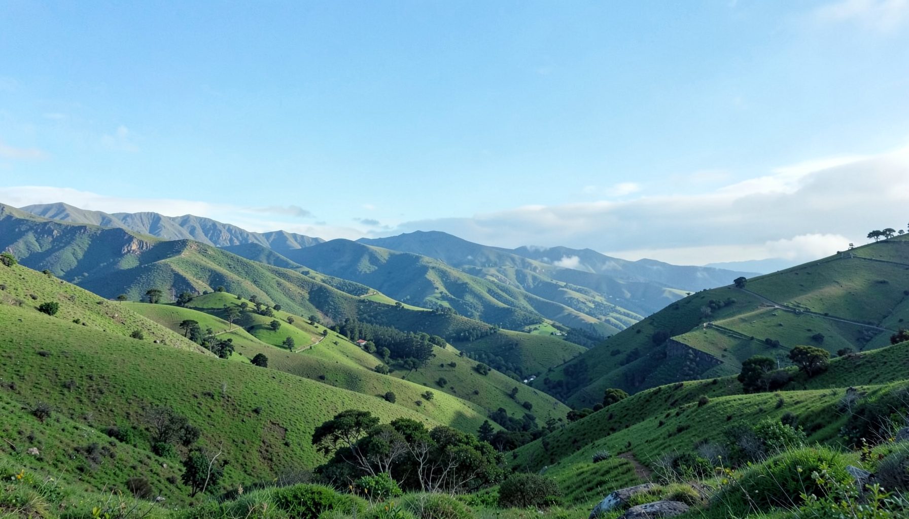 Wide panoramic landscape of green Andean hills under a soft blue sky, tranquil and expansive mood, natural tones of green and blue