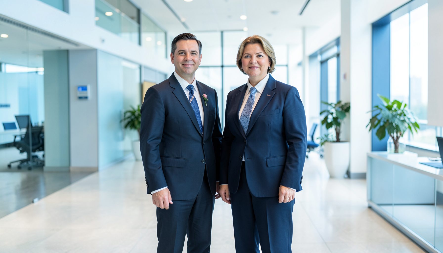 Two diplomats in formal dress standing together in a bright modern office lobby, calm blue and white tones, professional and welcoming mood
