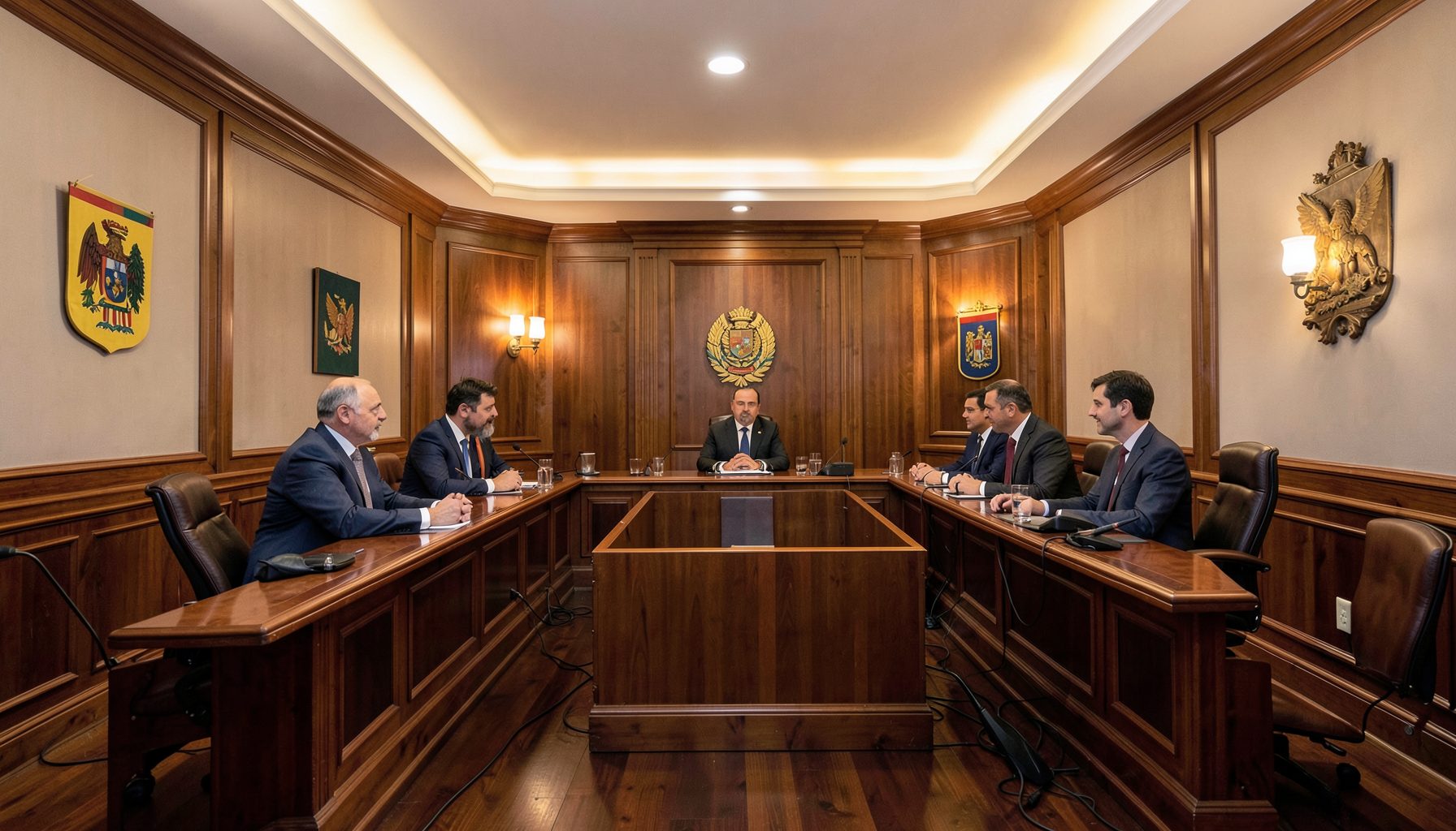 A wide-angle view of a formal diplomatic reception room with polished wood paneling, soft neutral walls, and Ecuadorian national symbols, lit by warm ambient light.