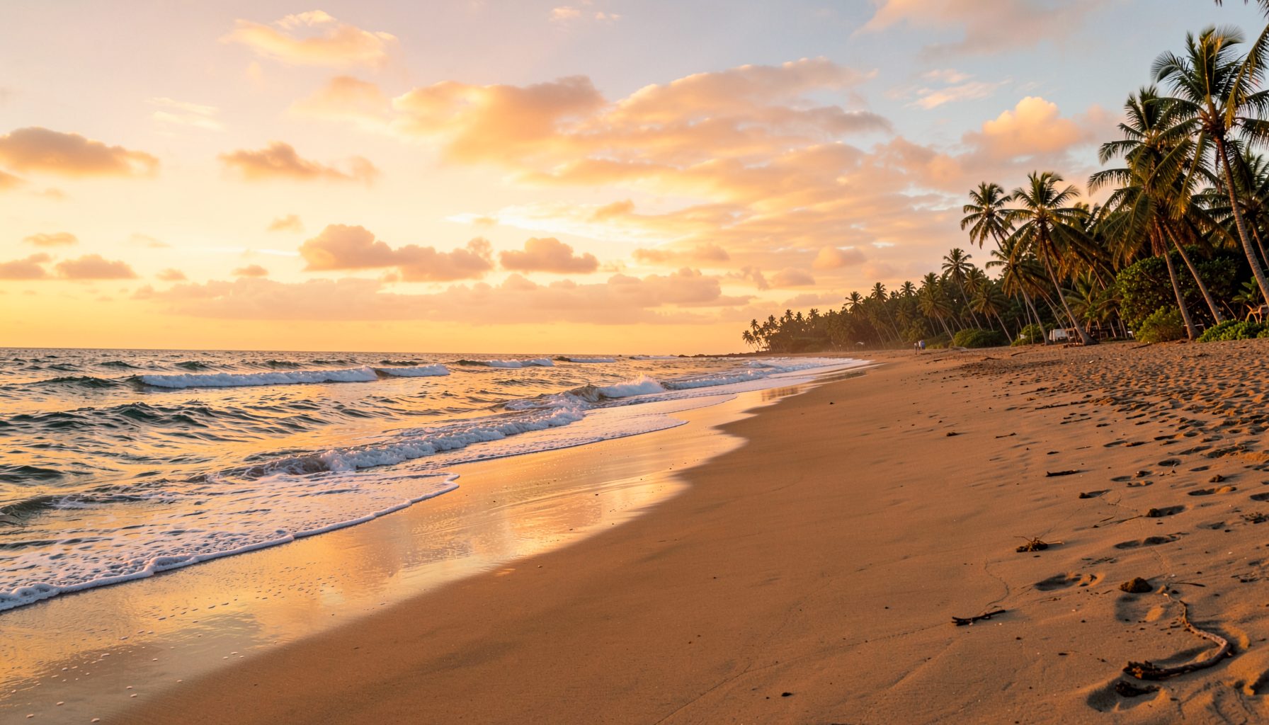 A wide sandy beach on Ecuador's Pacific coast with gentle waves and palm trees under a warm golden sunset sky