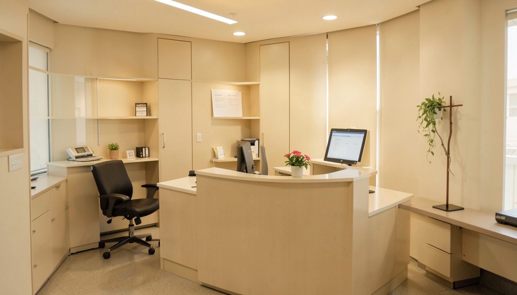 A warm, softly lit interior of a public service office with neutral beige and cream tones, conveying calm and professional support.