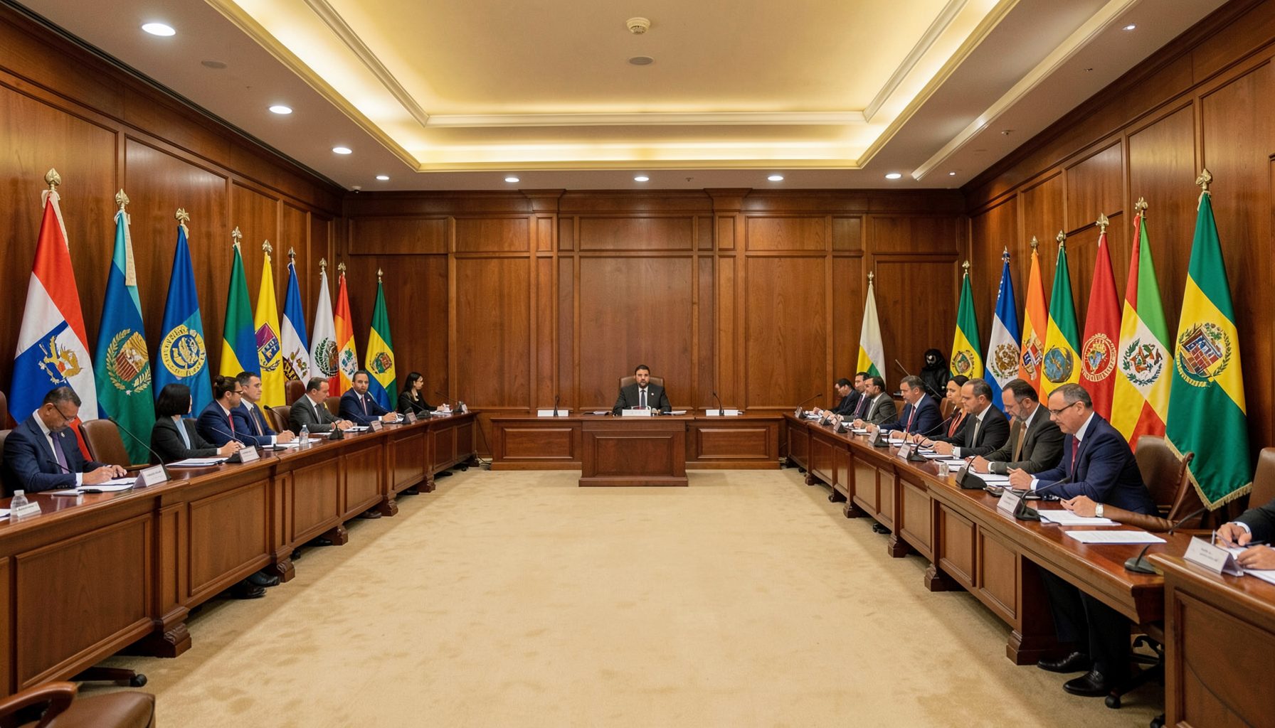 A wide-angle view of a formal diplomatic conference hall with rows of national flags from Latin American countries, warm wood paneling, and soft overhead lighting in gold and cream tones