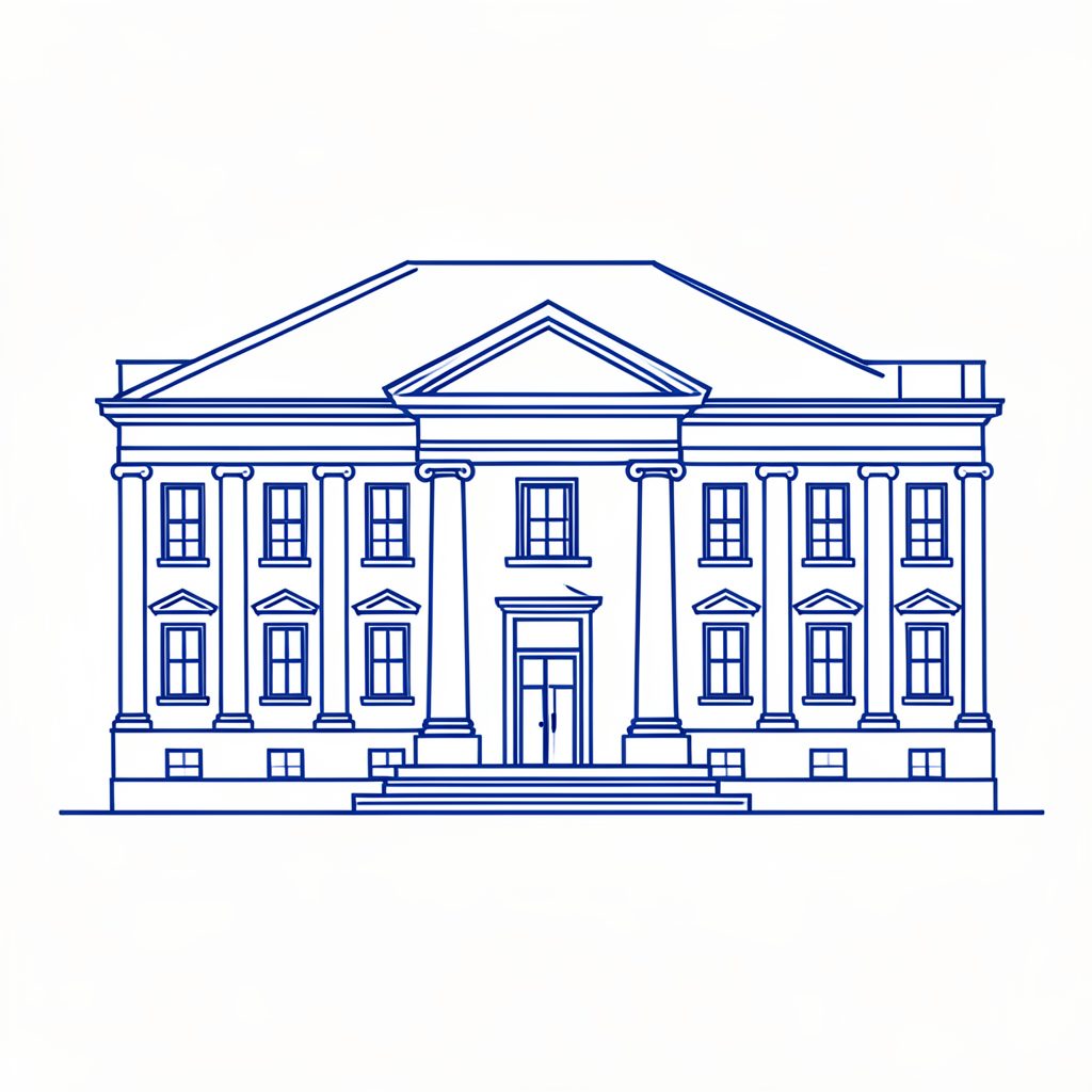 Simple line-style illustration of a stately embassy building with columns, rendered in deep blue on a white background, formal and orderly mood