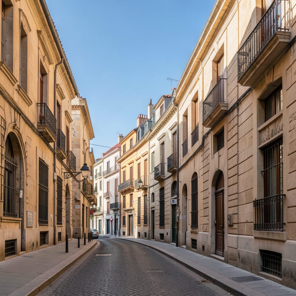 Portrait-style photograph of a quiet residential Madrid street with warm sandstone buildings and a clear blue sky, calm formal mood