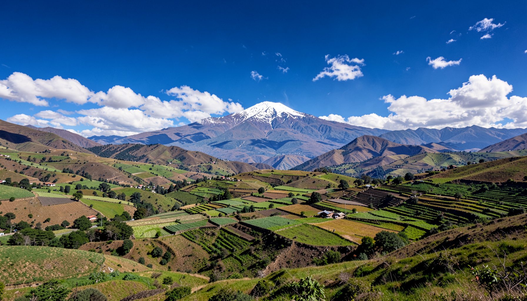 Rolling Andean highlands with patchwork farm fields, a distant snow-capped volcano, and deep blue sky with scattered white clouds