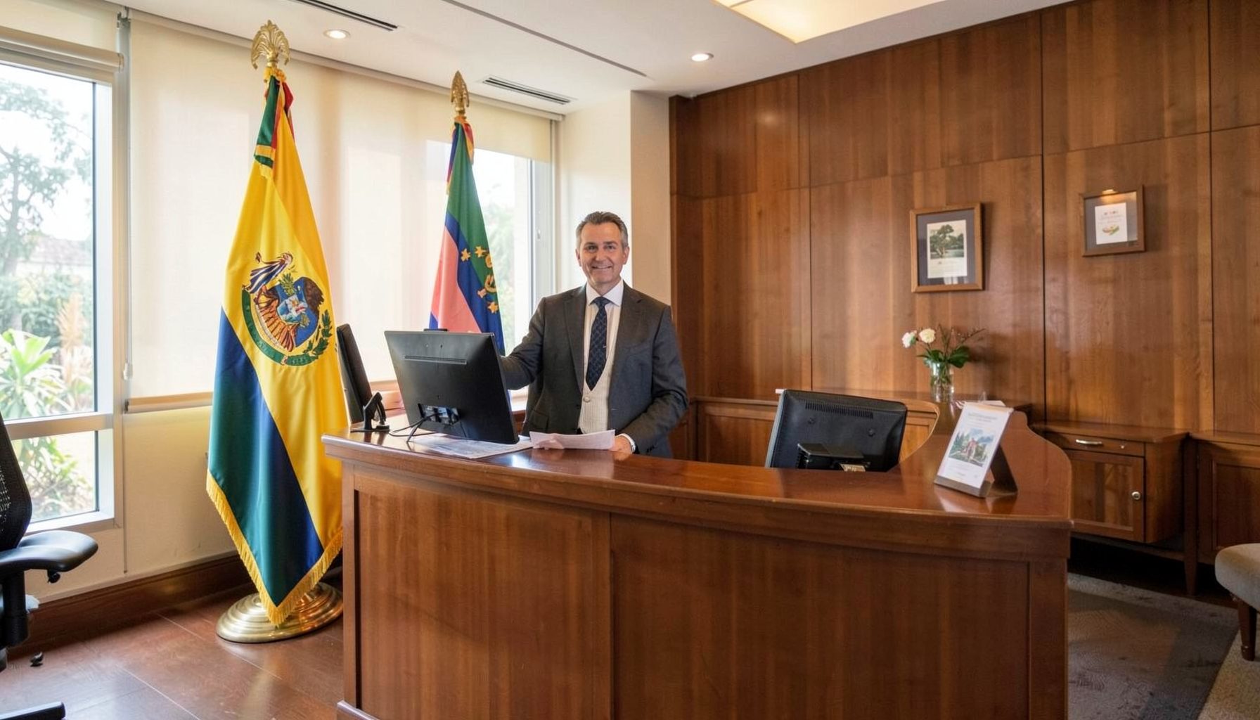 Warm interior of a diplomatic consular office with a service counter, Ecuadorian flag, and soft natural light, conveying professionalism and welcome.
