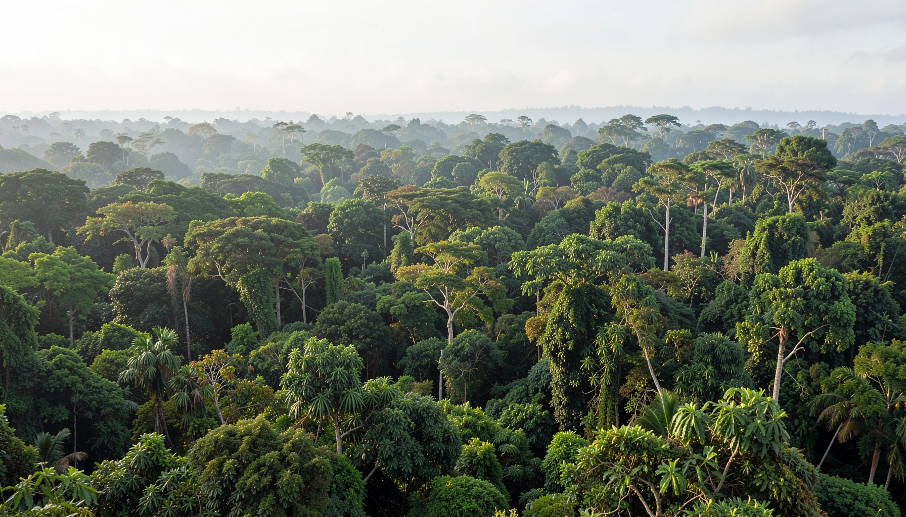 Lush green Amazon rainforest canopy stretching to the horizon under soft morning mist, with layers of dense tropical vegetation in deep greens and earthy browns